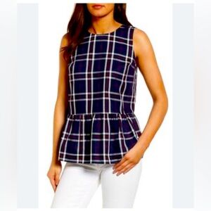 Halogen size small navy purple plaid tartan peplum tank blouse keyhole back